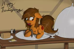 Size: 1280x853 | Tagged: safe, artist:marsminer, derpibooru import, oc, oc:venus spring, unofficial characters only, earth pony, blushing, bread, butter, cloche, female, fetish, food, gravy, imminent vore, mare, pony as food, rope, thanksgiving, tied up