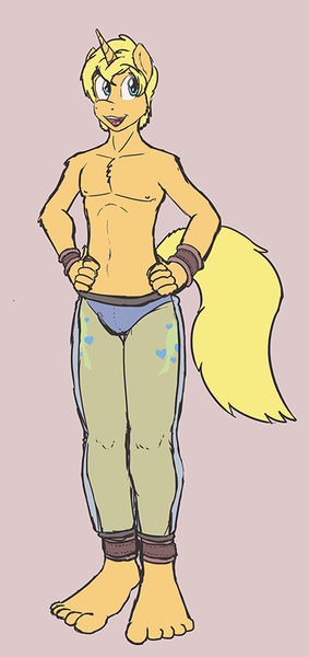 Size: 425x900 | Tagged: suggestive, artist:caroo, derpibooru import, oc, oc:flicker feather, unofficial characters only, anthro, plantigrade anthro, unicorn, bare chest, barefoot, belly button, bracelet, clothes, feet, fluffy, male, open mouth, see-through, simple background, smiling, solo, solo male, stallion, topless