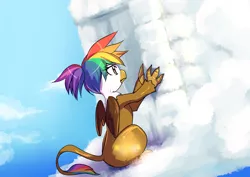 Size: 1400x990 | Tagged: safe, artist:bakki, derpibooru import, oc, oc:rainbow feather, unofficial characters only, gryphon, building, castle, cloud, cloudy, glow, interspecies offspring, magical lesbian spawn, offspring, parent:gilda, parent:rainbow dash, parents:gildash, solo