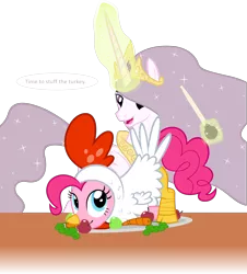 Size: 2366x2613 | Tagged: suggestive, artist:zacatron94, derpibooru import, pinkie pie, princess celestia, earth pony, pony, princess molestia, animal costume, chicken pie, chicken suit, clothes, costume, face down ass up, female, imminent insertion, implied insertion, implied vaginal insertion, levitation, magic, mare, pony as food, telekinesis, thanksgiving, turkey baster