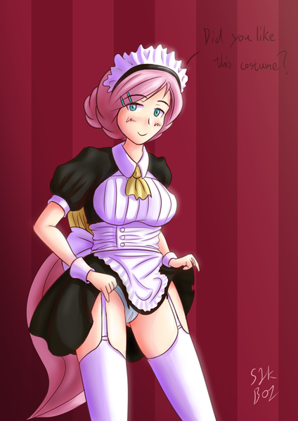 Size: 2894x4093 | Tagged: abstract background, artist:s1k bo1, breasts, cameltoe, clothes, cuffs (clothes), dead source, derpibooru import, fluttershy, human, humanized, maid, panties, questionable, skirt, skirt lift, speech, stockings, tailed humanization, teasing, underwear, upskirt, white underwear, winged humanization