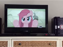 Size: 1024x768 | Tagged: adventure time, artist:steve10602, breaking the fourth wall, cartoon network, clock, derpibooru import, irl, logo, photo, pinkamena diane pie, pinkie pie, ponies in real life, safe, solo, television, toshiba, vector