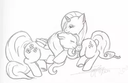 Size: 2304x1491 | Tagged: safe, artist:littlewolfstudios, derpibooru import, fluttershy, rarity, pegasus, pony, unicorn, cuddling, female, flarity, lesbian, love, monochrome, neck nuzzle, nuzzling, shipping, sleeping, snuggling, traditional art