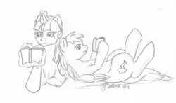 Size: 2368x1397 | Tagged: safe, artist:littlewolfstudios, derpibooru import, rainbow dash, twilight sparkle, book, cuddling, cute, female, lesbian, monochrome, read, shipping, snuggling, traditional art, twidash