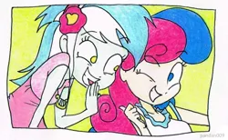 Size: 612x377 | Tagged: safe, artist:pandan009, derpibooru import, bon bon, lyra heartstrings, sweetie drops, equestria girls, duo, grin, laughing, laughingmares.jpg, one eye closed, smiling, tongue out, traditional art, wink