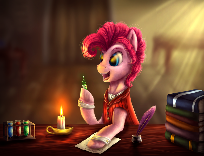 Size: 1700x1300 | Tagged: artist:9de-light6, book, bubble berry, candle, clothes, derpibooru import, dr jekyll, dr jekyll and mr hyde, ink, pinkie pie, quill, rule 63, safe, solo, vest, vial