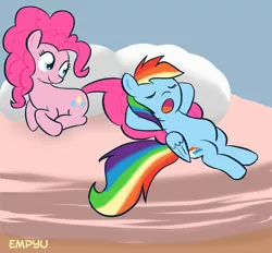 Size: 1000x928 | Tagged: artist:empyu, derpibooru import, pinkie pie, rainbow dash, safe, tail pillow