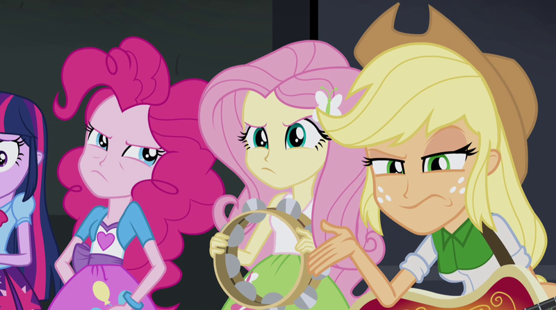 Size: 1280x714 | Tagged: safe, derpibooru import, screencap, applejack, fluttershy, pinkie pie, twilight sparkle, twilight sparkle (alicorn), equestria girls, rainbow rocks, bass guitar, musical instrument, tambourine