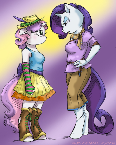 Size: 800x1000 | Tagged: anthro, artist:kaemantis, clothes, crime against fashion, hoof boots, imminent spanking, older, rarity, safe, sweetie belle, tacky, unguligrade anthro
