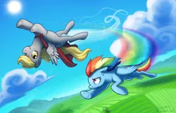 Size: 1280x826 | Tagged: safe, artist:electriczebra, derpibooru import, derpy hooves, rainbow dash, pegasus, pony, cape, clothes, female, flying, mare, upside down