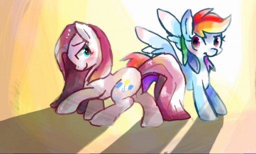 Size: 512x308 | Tagged: safe, artist:miki 14, derpibooru import, pinkie pie, rainbow dash, pinkamena diane pie