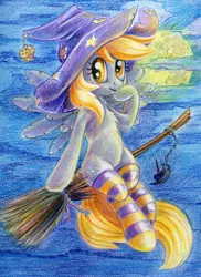 Size: 895x1230 | Tagged: safe, artist:maytee, derpibooru import, derpy hooves, pegasus, pony, accessory swap, broom, clothes, female, flying broomstick, mare, socks, solo, striped socks, traditional art