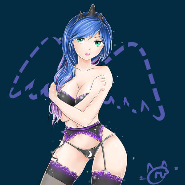 Size: 1771x1771 | Tagged: artist:vanilla166, bra, breasts, clothes, derpibooru import, female, garter belt, human, humanized, panties, princess luna, solo, solo female, suggestive, underwear