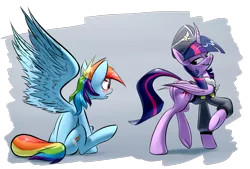 Size: 1748x1181 | Tagged: suggestive, derpibooru import, commander easy glider, rainbow dash, twilight sparkle, twilight sparkle (alicorn), alicorn, pony, testing testing 1-2-3, ancient wonderbolts uniform, bedroom eyes, blushing, clothes, curved horn, eyes on the prize, female, grin, large wings, lesbian, lip bite, looking back, mare, open mouth, plot, raised hoof, raised leg, shipping, sitting, spread wings, twibutt, twidash, underhoof, uniform, wide eyes, wingboner