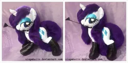 Size: 1271x629 | Tagged: artist:clopaholic, bedroom eyes, boots, collar, cropped, derpibooru import, dominatrix, irl, kinky, leather, mouth hold, pet, photo, plushie, rarity, solo, submission, suggestive, wet, wet mane, wet mane rarity, whip