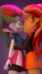 Size: 1080x1920 | Tagged: safe, artist:creatorofpony, derpibooru import, rainbow dash, sunset shimmer, human, equestria girls, /mlp/, 3d, 3d model, 4chan, blender, clothes, compression shorts, female, jacket, kissing, leather jacket, lesbian, shipping, skirt, sunsetdash