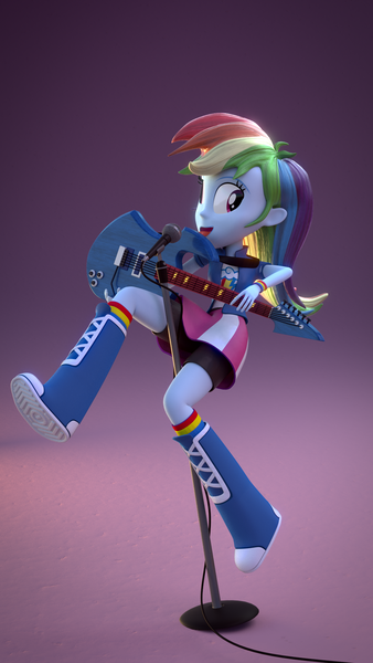 Size: 1080x1920 | Tagged: safe, artist:creatorofpony, derpibooru import, rainbow dash, equestria girls, 3d, 3d model, blender, guitar, microphone, tongue out