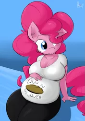 Size: 637x900 | Tagged: safe, artist:sanders, derpibooru import, pinkie pie, anthro, earth pony, belly, big belly, breasts, busty pinkie pie, clothes, female, fetish fridays, hair over one eye, preggy pie, pregnant, sitting, smiling, solo