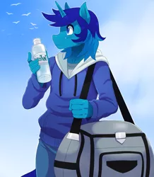 Size: 1837x2104 | Tagged: safe, artist:ss2sonic, derpibooru import, oc, oc:light shine, unofficial characters only, anthro, bird, unicorn, bag, blushing, bottle, clothes, commission, frown, hoodie, jacket, looking back, male, solo, stallion, sweatdrop, water, water bottle