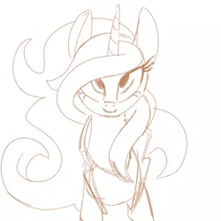 Size: 700x700 | Tagged: safe, artist:goat train, deleted from derpibooru, derpibooru import, sunset shimmer, alicorn, pony, alicornified, clothes, leather jacket, looking at you, monochrome, princess, race swap, shimmercorn, sketch, solo, windswept mane