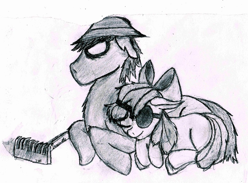 Size: 1280x946 | Tagged: safe, artist:derpsickle, derpibooru import, apple bloom, oc, oc:derpsickle, eyepatch, female, future, male, monochrome, traditional art