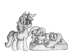 Size: 2338x1700 | Tagged: safe, artist:omnitoast, derpibooru import, oc, unofficial characters only, earth pony, pony, unicorn, comforting, crying, eyes closed, floppy ears, lying down, monochrome, sad, sketch, smiling