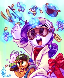 Size: 900x1100 | Tagged: safe, artist:whitediamonds, derpibooru import, applejack, rarity, earth pony, pony, unicorn, clothes, female, freckles, goggles, helmet, lesbian, levitation, magic, mare, open mouth, rarijack, rarijack daily, shipping, shopping, sweat