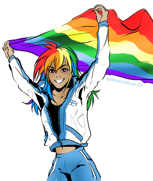 Size: 1280x1513 | Tagged: artist:ddhew, belly button, derpibooru import, finland, gay pride flag, human, humanized, lgbt, lovewins, midriff, pride, rainbow dash, safe, solo, tracksuit