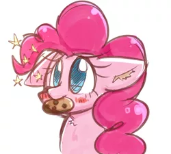 Size: 1000x900 | Tagged: safe, artist:joycall6, derpibooru import, pinkie pie, blushing, cookie, cute, diapinkes, ear fluff, floppy ears, looking up, mouth hold, nom, ponk, smiling, solo, stars