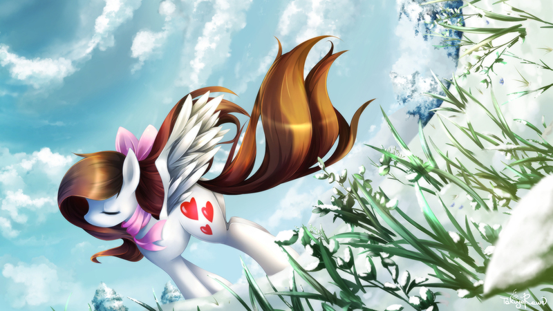 Size: 1600x900 | Tagged: safe, artist:takuyarawr, derpibooru import, oc, oc:akira, unofficial characters only, pegasus, pony, bow, clothes, cloud, eyes closed, female, mare, plot, scarf, snow, solo, spread wings, wings, winter