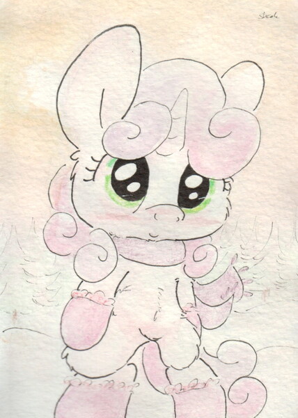 Size: 679x952 | Tagged: artist:slightlyshade, boots, clothes, derpibooru import, safe, scarf, snow, solo, sweetie belle, traditional art, winter