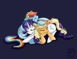 Size: 2200x1700 | Tagged: safe, artist:downpourpony, derpibooru import, applejack, rainbow dash, rarity, appledash, cuddle puddle, cuddling, cute, dashabetes, female, jackabetes, lesbian, pony pile, raribetes, raridash, rarijack, rarijackdash, shipping, sleeping, snuggling