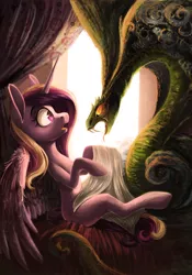 Size: 1860x2657 | Tagged: safe, artist:locksto, derpibooru import, princess cadance, alicorn, pony, serpent, snake, fanfic, bed, blank flank, fanfic art, fluffy, frown, missing accessory, monster, open mouth, sitting, wide eyes, younger