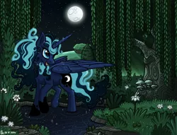 Size: 850x650 | Tagged: safe, artist:ithlini, derpibooru import, princess luna, forest, moon, night, river, smiling, solo, stream