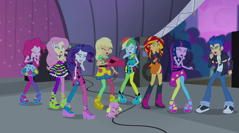 Size: 1280x714 | Tagged: safe, derpibooru import, screencap, applejack, flash sentry, fluttershy, pinkie pie, rainbow dash, rarity, spike, sunset shimmer, twilight sparkle, twilight sparkle (alicorn), dog, equestria girls, rainbow rocks, coughing, mane seven, mane six, spike the dog, the rainbooms