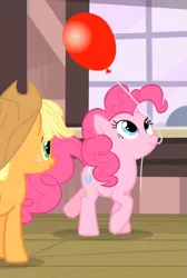 Size: 475x705 | Tagged: safe, derpibooru import, screencap, applejack, pinkie pie, earth pony, three's a crowd, applejack's hat, balloon, cowboy hat, cute, diapinkes, female, freckles, hat, mare, mouth hold, raised hoof, smiling, solo