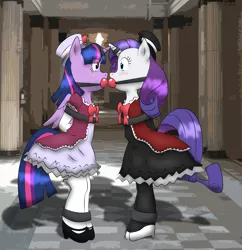 Size: 3159x3266 | Tagged: suggestive, artist:ponyguy67, artist:reimon-master-ii, derpibooru import, rarity, twilight sparkle, twilight sparkle (alicorn), alicorn, pony, unicorn, ballgag, blushing, bondage, bound together, bow, clothes, dress, female, femsub, gag, hat, high heels, horn ring, kissing, lesbian, lolita fashion, magic suppression, rarilight, shared gag, shipping, shoes, stockings, straps, submissive, thigh highs, top hat