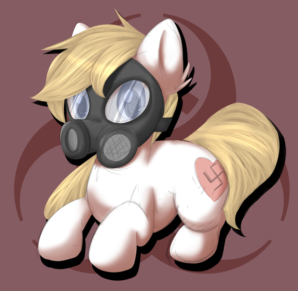 Size: 1369x1338 | Tagged: artist:randy, biohazard, blonde, clothes, derpibooru import, female, gas mask, gear, hudda, looking at you, mask, nazi, oc, oc:aryanne, prowl, pyro, safe, solo, swastika, unofficial characters only