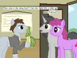 Size: 500x375 | Tagged: artist:thejakevale, berry punch, berryshine, comic, comic:clockworkfamily, derpibooru import, dialogue, oc, oc:clockwork gear, oc:pewter, safe