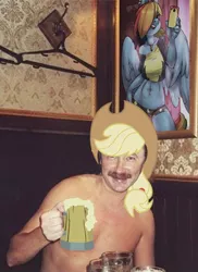 Size: 430x590 | Tagged: 1000 shots to get the perfect photograph, applejack, cider, derpibooru import, edit, human, igor nikolaev, irl, irl human, moustache, mug, photo, photoshop, rainbow dash, russian, russian meme, safe