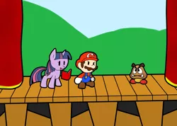 Size: 2335x1663 | Tagged: artist:idsmehlite, book, crossover, curtains, derpibooru import, goomba, mario, nintendo, paper mario, paper mario: the thousand year door, paper pony, rpg, safe, stage, style emulation, super mario bros., twilight sparkle