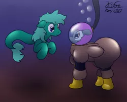 Size: 1280x1028 | Tagged: safe, artist:the-furry-railfan, derpibooru import, oc, oc:crash dive, oc:depth charge, unofficial characters only, merpony, pegasus, pony, bubble, curious, diving suit, hose, inflation, seabed, underwater