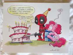 Size: 650x488 | Tagged: semi-grimdark, artist:katiecandraw, derpibooru import, pinkie pie, earth pony, pony, cake, crossover, deadpool, female, implied death, mare, pop out cake, sword, traditional art, vulgar, wide eyes