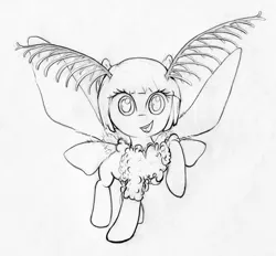 Size: 1617x1500 | Tagged: artist:gezawatt, derpibooru import, lineart, monochrome, moth, mothpony, oc, oc:melon drop, original species, safe, smiling, solo, species swap, traditional art, unofficial characters only