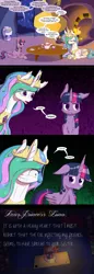 Size: 1000x2909 | Tagged: safe, artist:deusexequus, derpibooru import, princess celestia, twilight sparkle, twilight sparkle (alicorn), alicorn, pony, bad joke face, comic, female, mare, pun, trollestia, twilight is not amused, unamused