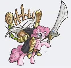 Size: 1138x1089 | Tagged: crossover, cryx, derpibooru import, pinkie pie, safe, sword, traditional art, warmachine, warmahordes