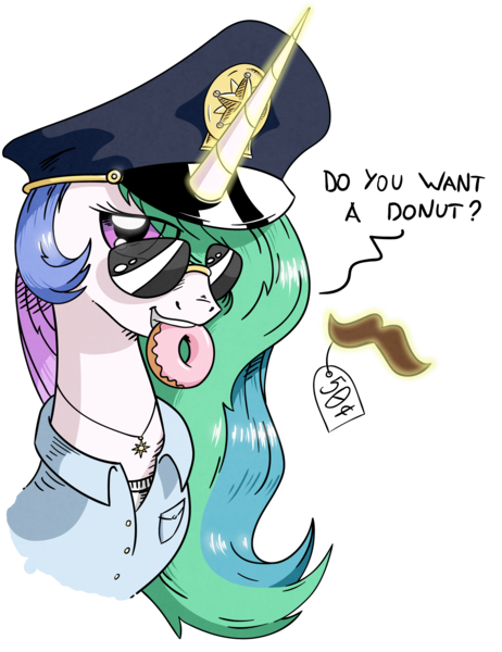 Size: 2000x2600 | Tagged: safe, artist:wandrevieira1994, derpibooru import, princess celestia, alicorn, pony, bust, donut, female, mare, mouth hold, police, police officer, princess arrestia, simple background, solo, transparent background