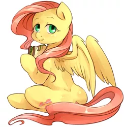 Size: 815x834 | Tagged: safe, artist:audrarius, derpibooru import, fluttershy, pegasus, pony, eating, female, looking at you, looking back, looking back at you, mare, sandwich, shiny butt, simple background, sitting, solo, white background