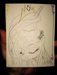 Size: 640x852 | Tagged: andy price is trying to murder us, artist:andypriceart, cuddling, cute, cutelestia, derpibooru import, eyes closed, glitter, lunabetes, partial color, princess celestia, princess luna, royal sisters, safe, snuggling, sparkly mane, sweet dreams fuel, traditional art