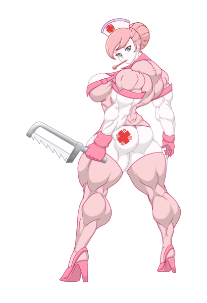 Size: 1024x1500 | Tagged: artist:devmgf, bedroom eyes, bonesaw, breasts, busty nurse redheart, clothes, cutie mark, derpibooru import, female, hacksaw, high heels, human, humanized, muscles, my muscle pony, nurse redheart, overdeveloped muscles, panties, simple background, solo, suggestive, thermometer, thigh highs, thong, transparent background, underwear